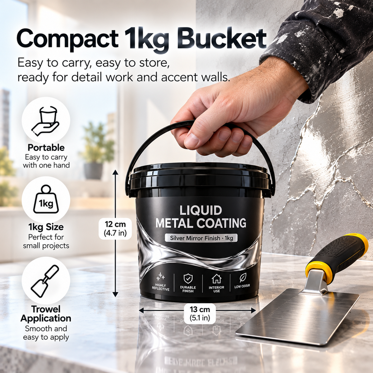 ✨ Liquid Metal Mirror Finish Wall Coating | Silver & Gold Metallic Wall Paint, Luxury Reflective Accent Finish, 1kg Trowel-Apply Interior Decor 🏡
