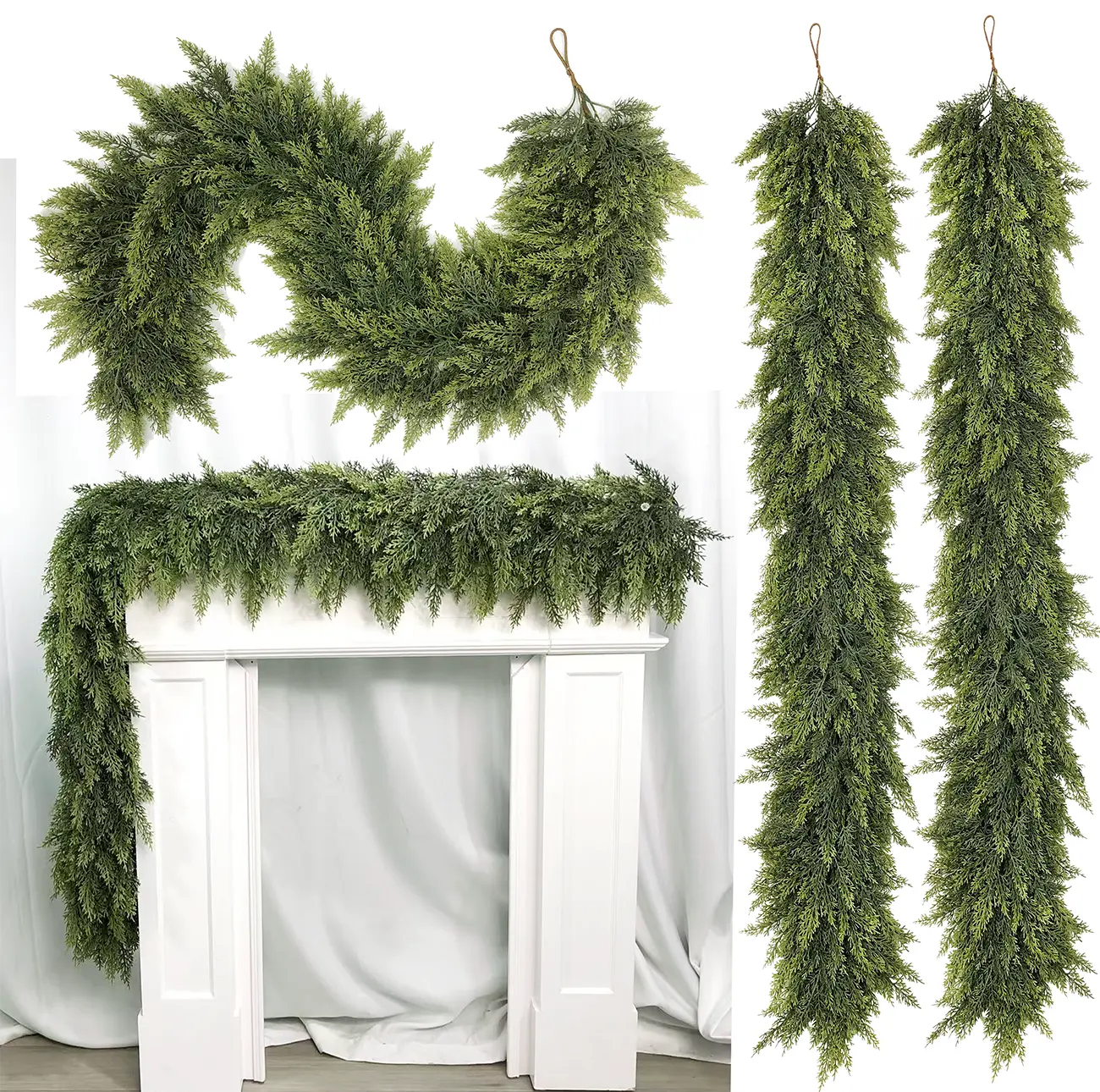 6 FT 2 Pcs Artificial Cedar Garlands, Real Touch Winter Cedar Garland, Green Artificial Greenery Pine Garland for Table, Mantle, Wall, Indoor, Outdoor Christmas Decorations