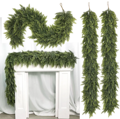 6 FT 2 Pcs Artificial Cedar Garlands, Real Touch Winter Cedar Garland, Green Artificial Greenery Pine Garland for Table, Mantle, Wall, Indoor, Outdoor Christmas Decorations