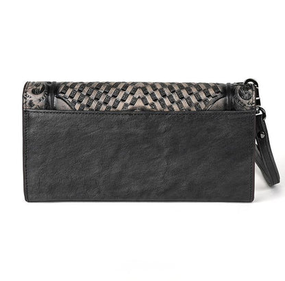 Genuine Leather Hand-Tooled Vintage Floral Wallet – Western Style Clutch & Wristlet