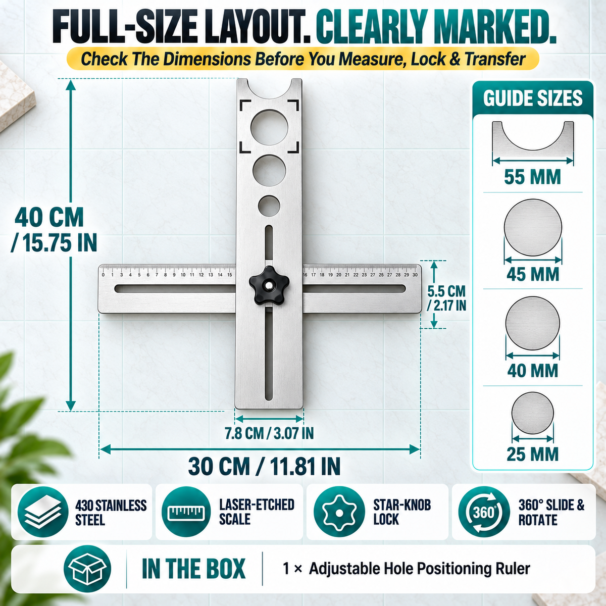 Dimensions and marking guide sizes of adjustable hole positioning ruler