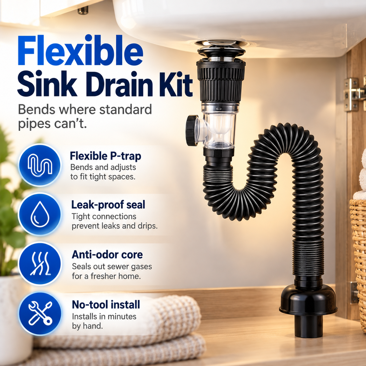 Black flexible sink drain kit installed beneath a bathroom sink