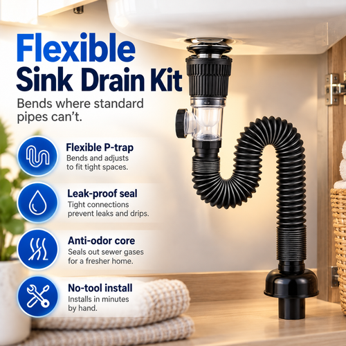 Flexible Sink Drain Kit – Adjustable Bendable Pipe with Anti-Odor Drain System