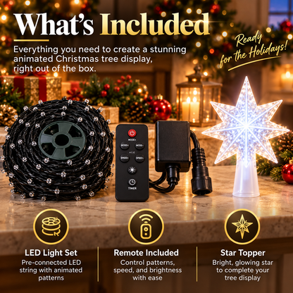 🎄 Remote-Controlled Animated Christmas Tree LED Lights – Festive Pattern Light Show with Star Topper