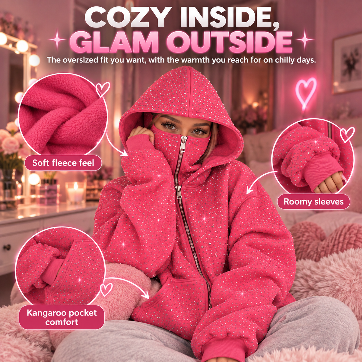 👚Pink Rhinestone Full-Zip Hoodie with Convertible Face Cover – Oversized Streetwear