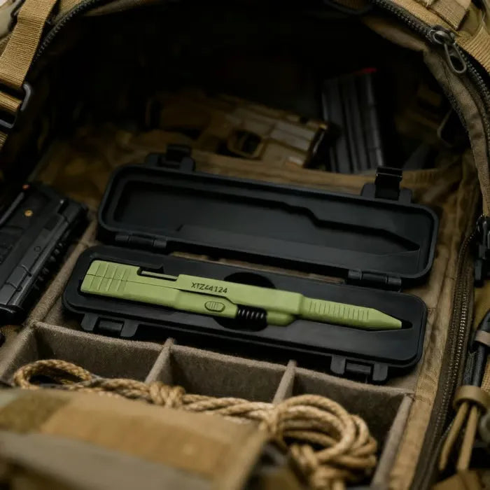 Green mechanical slide-action novelty ballpoint pen in storage case