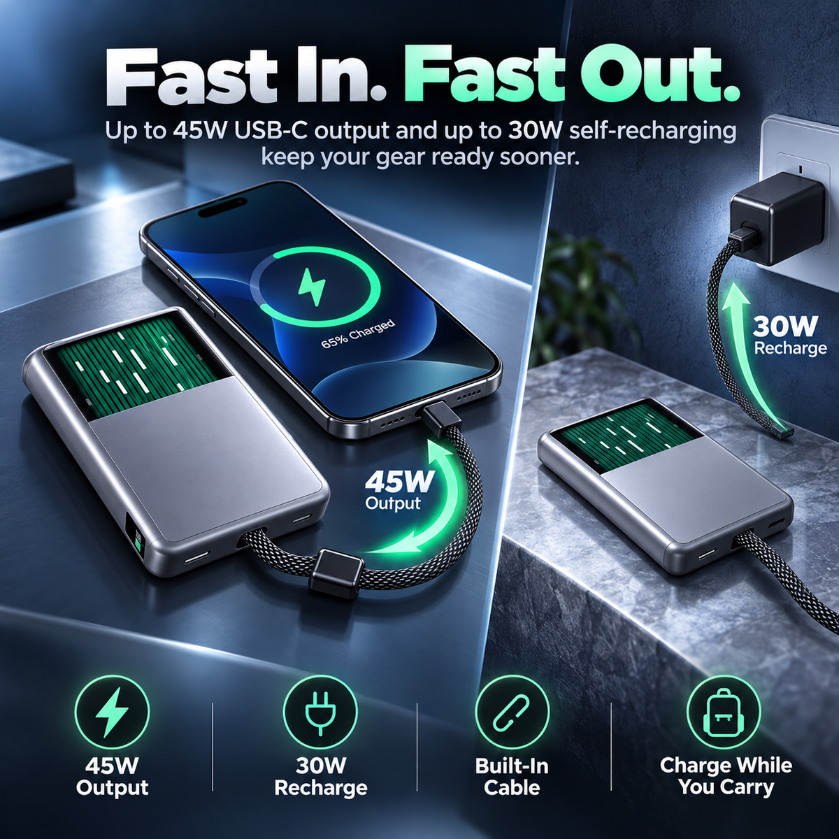 45 watt USB C output and 30 watt power bank recharge demonstration