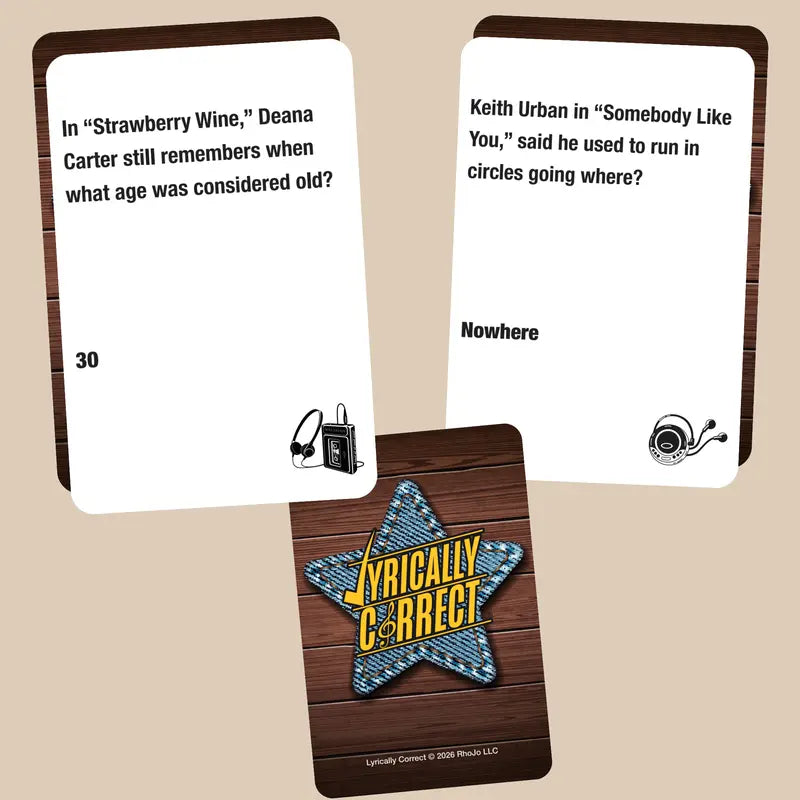 Real Boots and Ballads country music trivia cards showing sample questions and answers