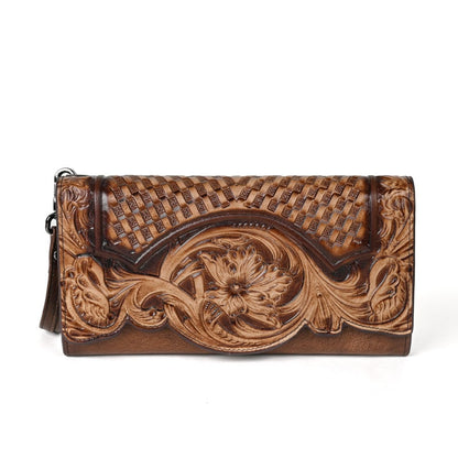 Genuine Leather Hand-Tooled Vintage Floral Wallet – Western Style Clutch & Wristlet