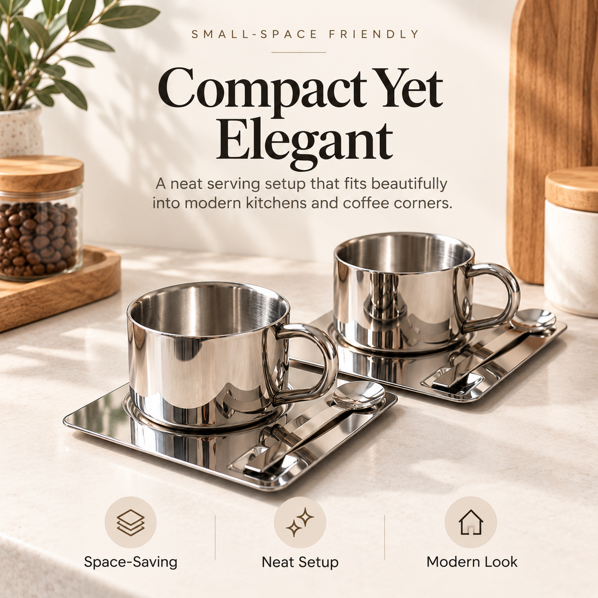 🤎 ☕Elegant Stainless Steel Coffee Cup Set with Matching Tray & Spoon – Modern Minimalist Coffee & Tea Drinkware