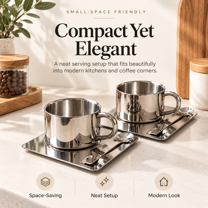 🤎 ☕Elegant Stainless Steel Coffee Cup Set with Matching Tray & Spoon – Modern Minimalist Coffee & Tea Drinkware