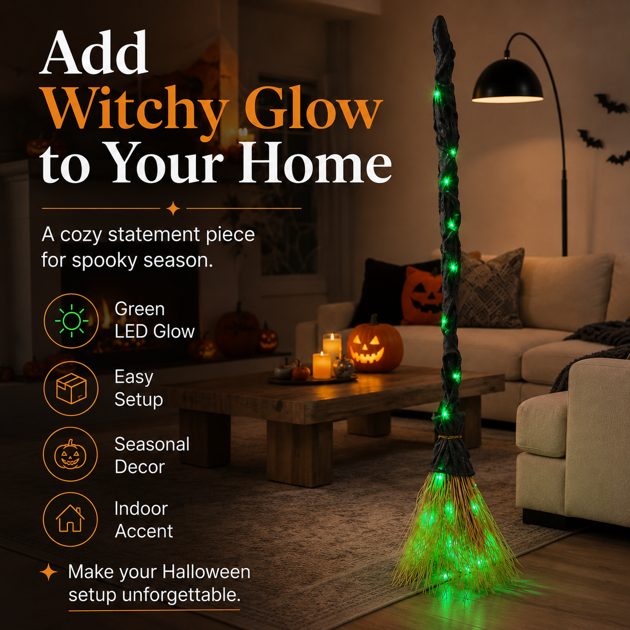 Light-Up Witch Broom Halloween Decor – Spooky Green LED Witch Broom