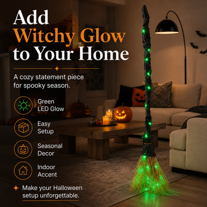 Light-Up Witch Broom Halloween Decor – Spooky Green LED Witch Broom