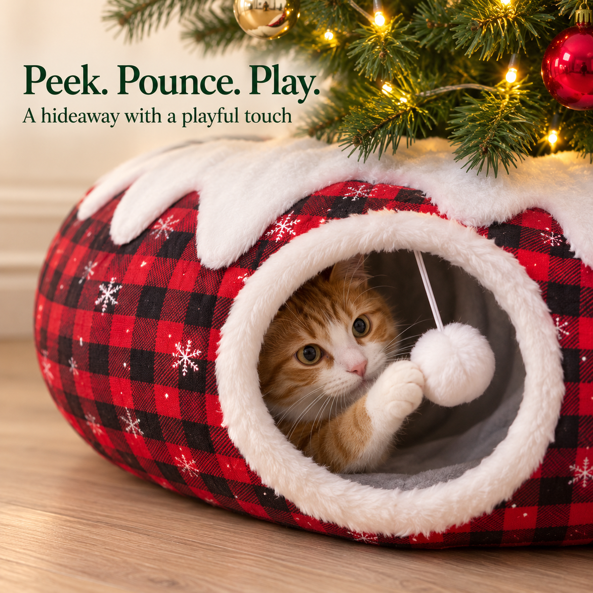 🎄🐱 Christmas Cat Tunnel & Tree Skirt – Cozy Plaid Hideaway with Hanging Pom-Pom | 2-in-1 Holiday Cat Play Tunnel ✨