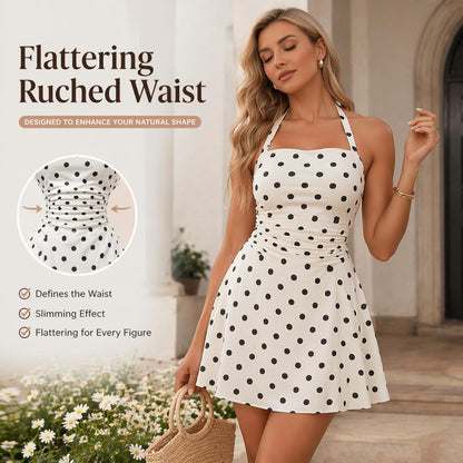 👗Women's Ruched Tie Back Halter Neck A-Line Mini Dress – Sleeveless Casual Summer Dress