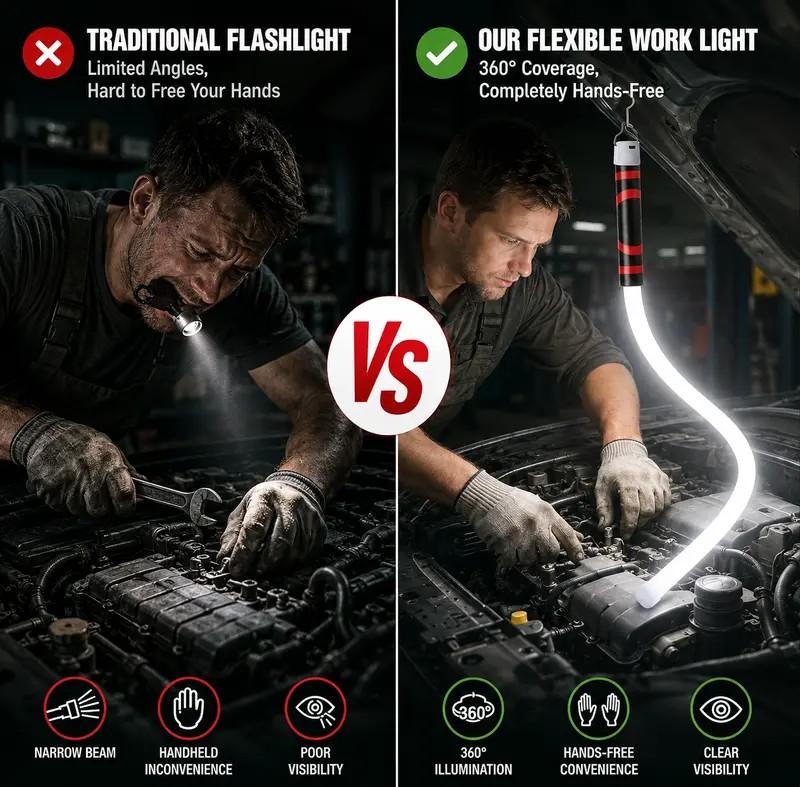 Traditional flashlight compared with flexible hands-free work light