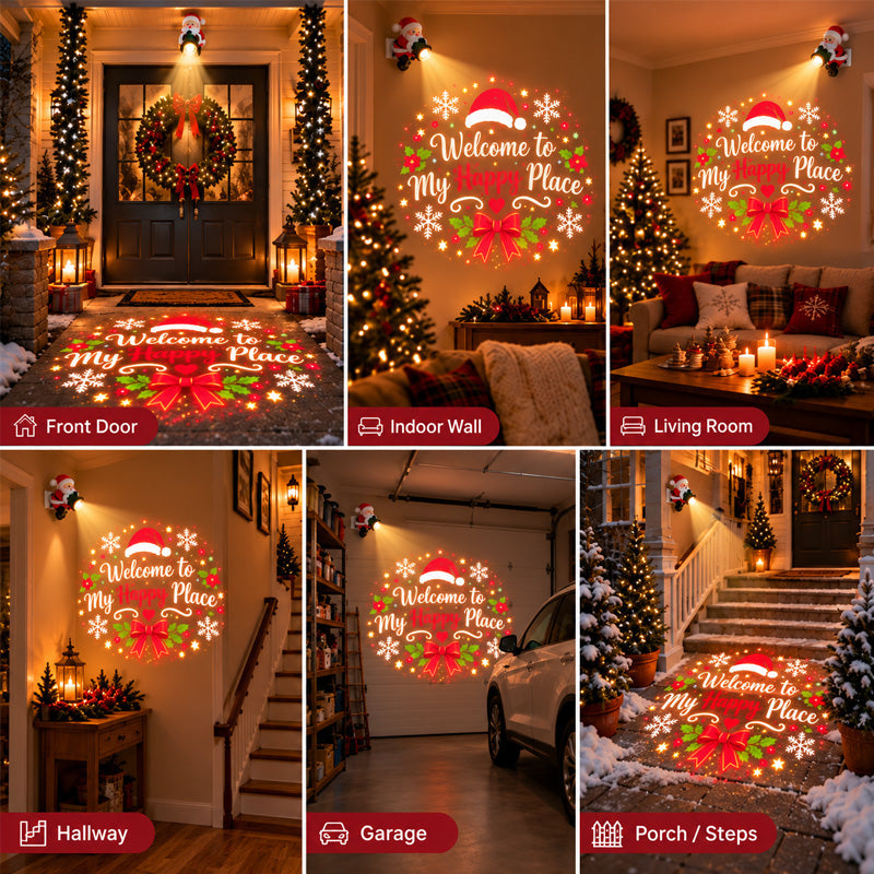 Santa projector decoration styled for a festive Christmas entryway