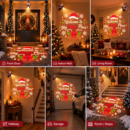 Santa projector decoration styled for a festive Christmas entryway