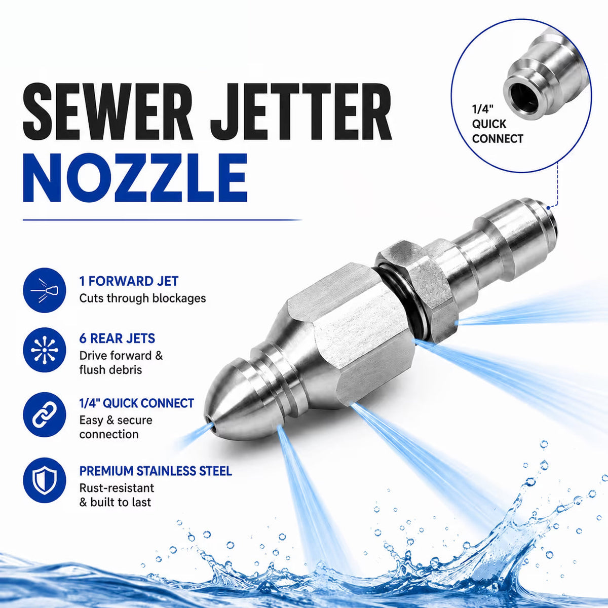 Stainless Steel Sewer Jetter Nozzle – 1/4' Quick Connect Drain Cleaning Attachment for Pressure Washers