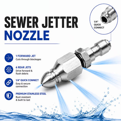 Stainless Steel Sewer Jetter Nozzle – 1/4' Quick Connect Drain Cleaning Attachment for Pressure Washers
