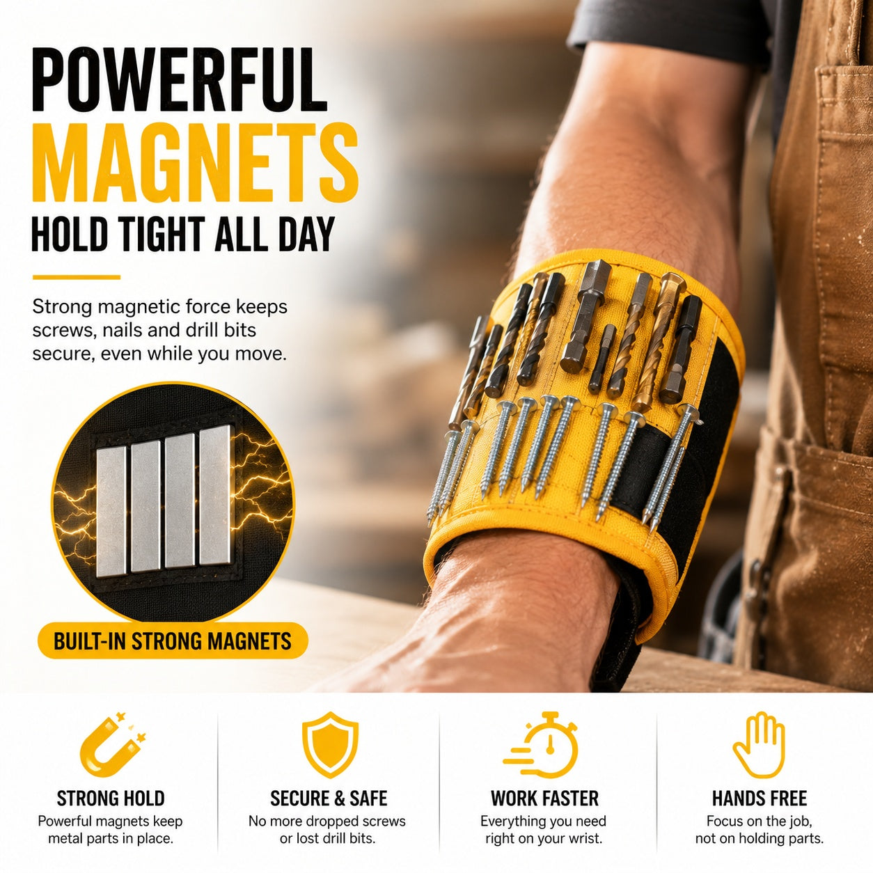 Magnetic Wristband with 9 Strong Magnets | Hands-Free Tool Holder for DIY & Woodworking