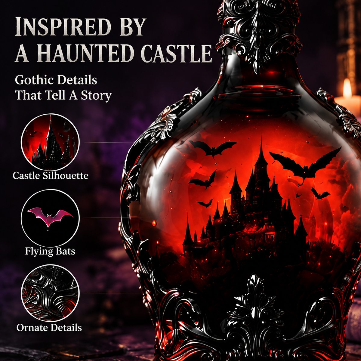 Close-up gothic potion bottle with castle bats and ornate details