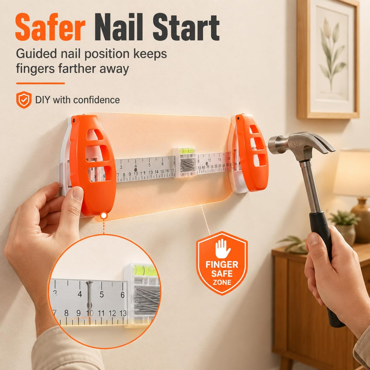 Hang Hero-3-in-1 Picture Hanging Tool, Magnetic Nail Hanger with Level Ruler