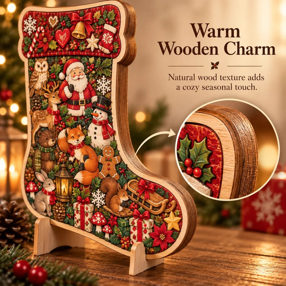 Close-up wooden texture and layered edge of Christmas stocking puzzle