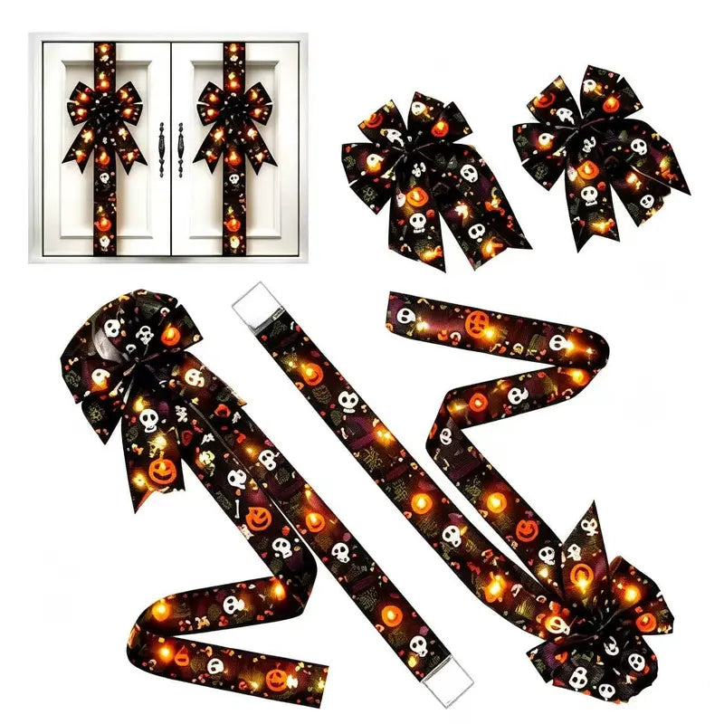 Light-Up Halloween Door Bow Garland – Pumpkin & Bat Decor