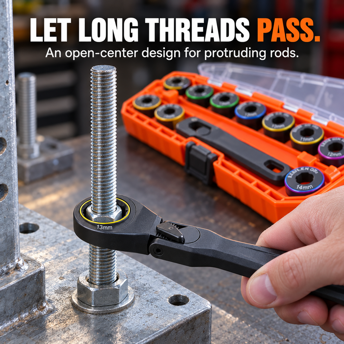 Pass-through ratchet socket fitted over a nut while a long threaded rod extends through the center