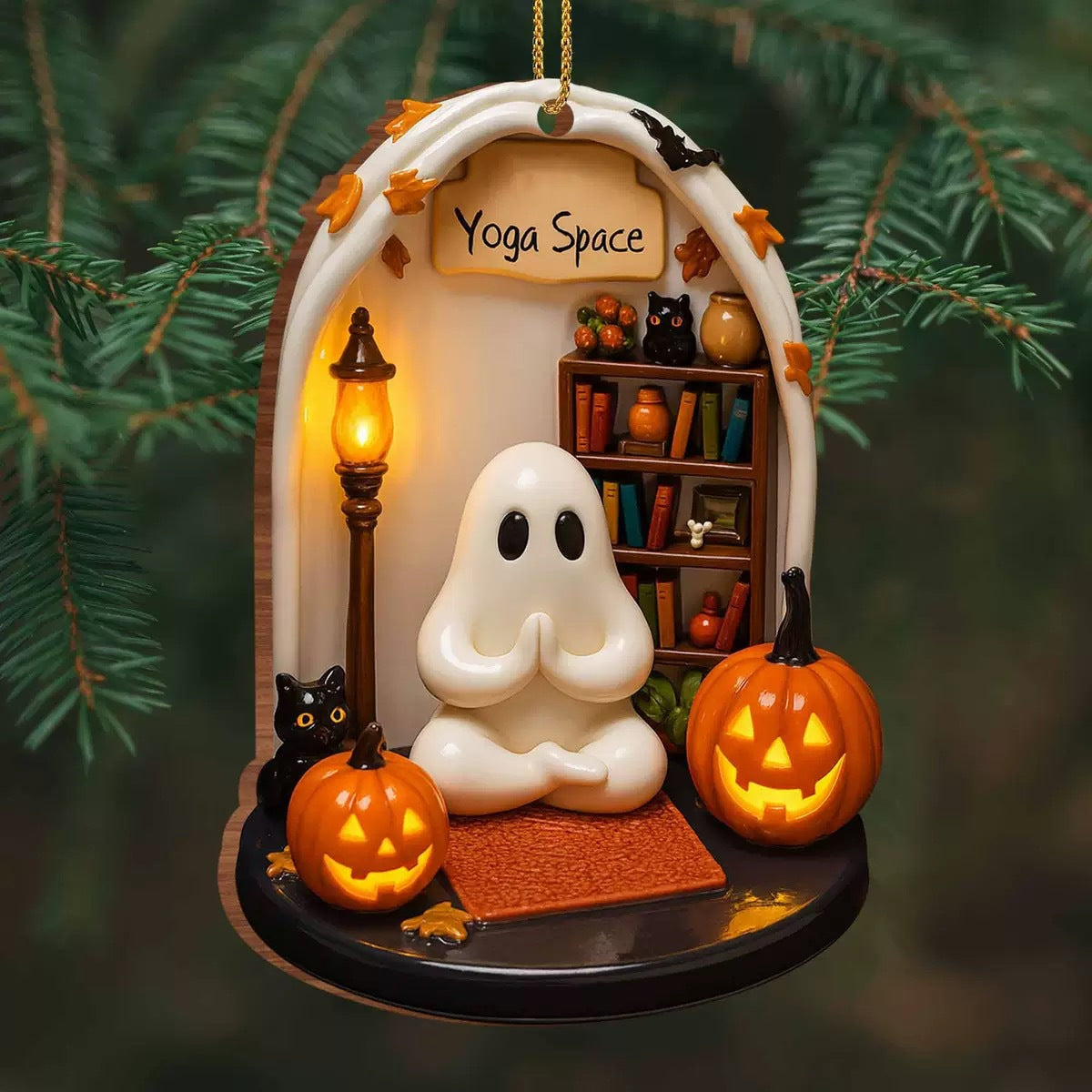 Halloween Reading Nook Wooden Ornament – Cozy Book Lover Gift