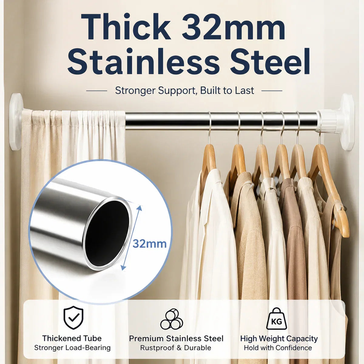 Drill-Free Adjustable Tension Rod – No Drilling, No Damage
