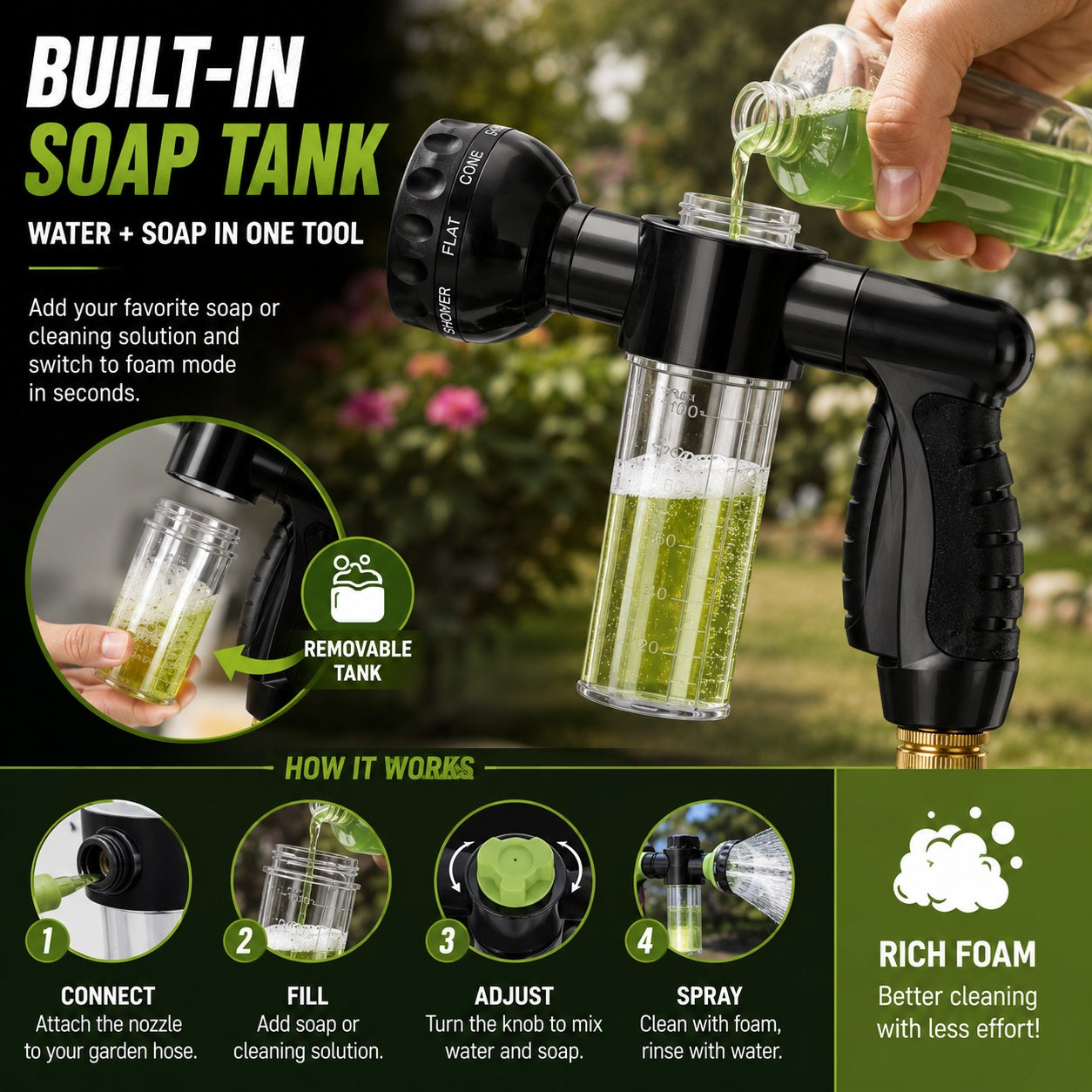 8-Pattern Garden Hose Nozzle with Built-In Soap Dispenser