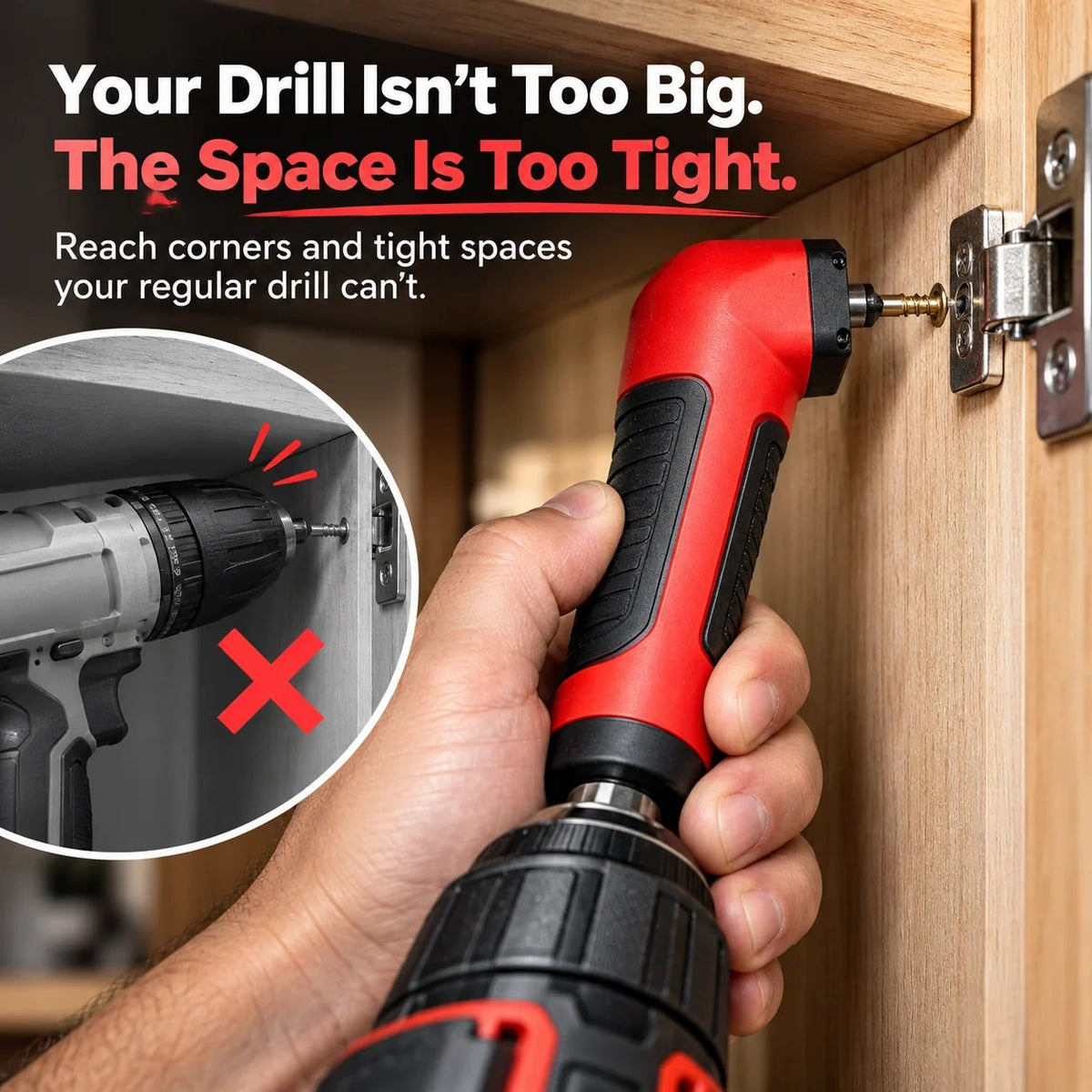 90 degree right angle drill adapter reaching a screw inside a cabinet