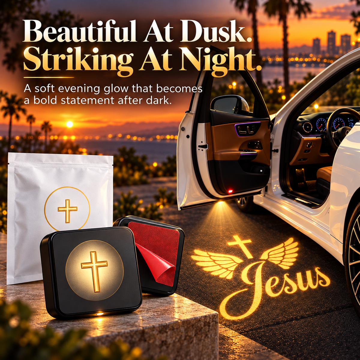 Christian car door projector with a golden cross and Jesus with wings design displayed beside a vehicle in a warm evening setting