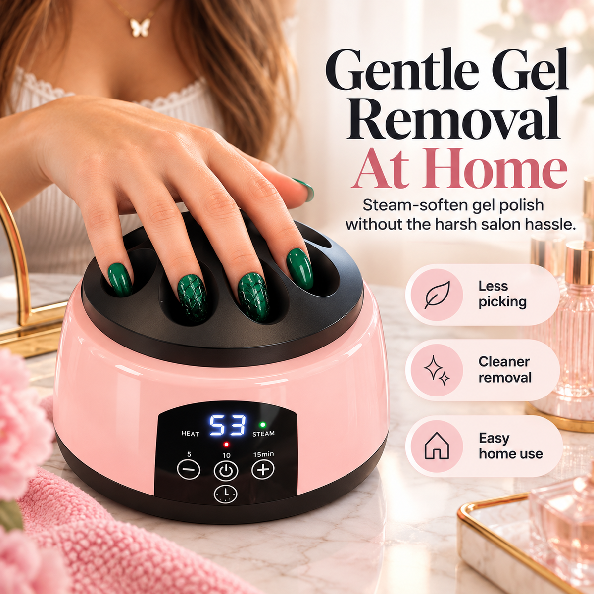 Pink electric gel polish steam remover with finger openings and digital control display in a beauty setting