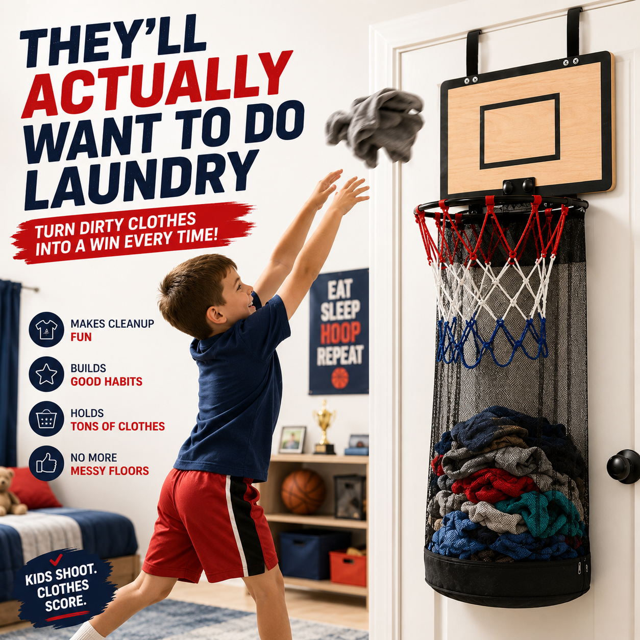 🏀Basketball Laundry Hamper – Over-the-Door Laundry Hoop for Kids' Rooms