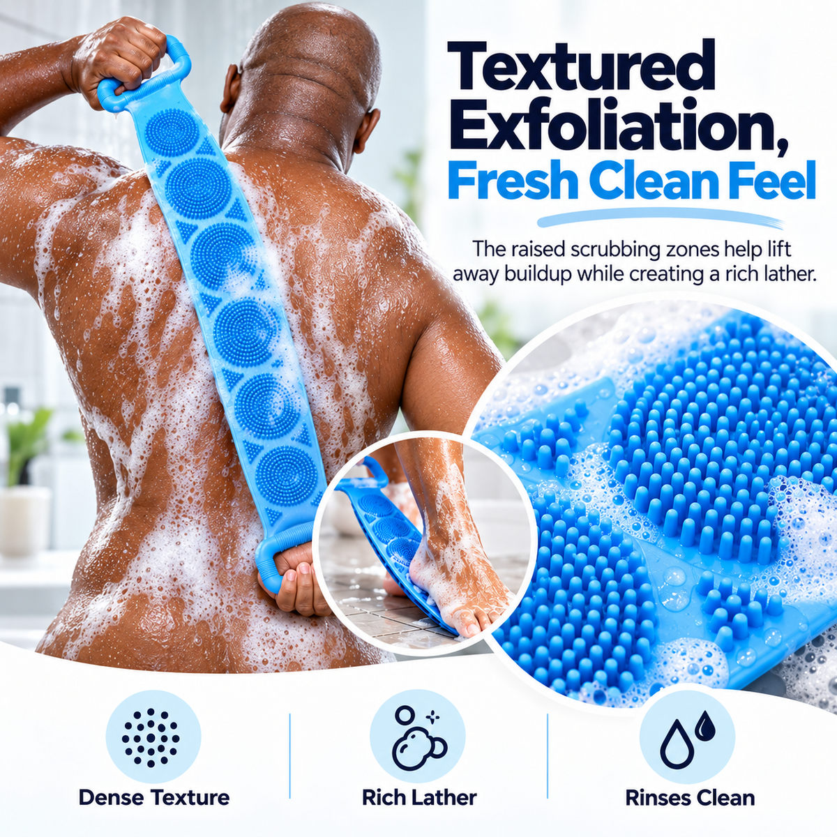 Close-up of dense textured silicone scrubbing zones creating rich soap lather