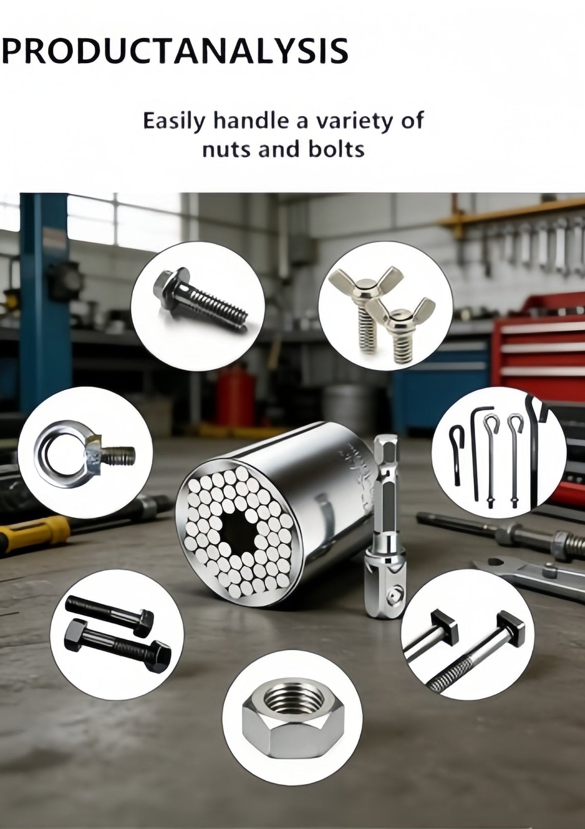 Universal socket shown with different nut and bolt shapes