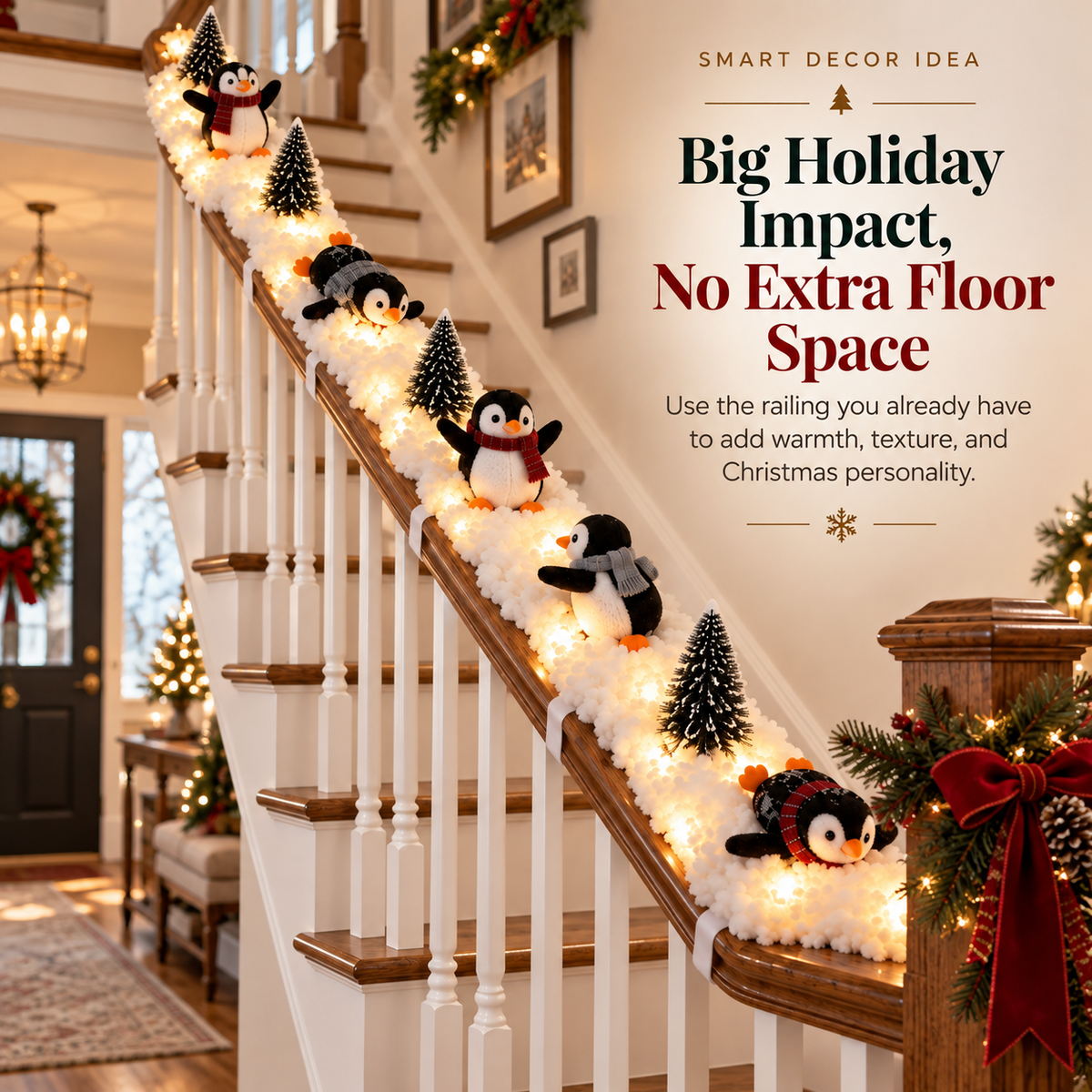 🐧 Lighted Penguin Christmas Stair Decor – 5-Piece Snowy Railing Display