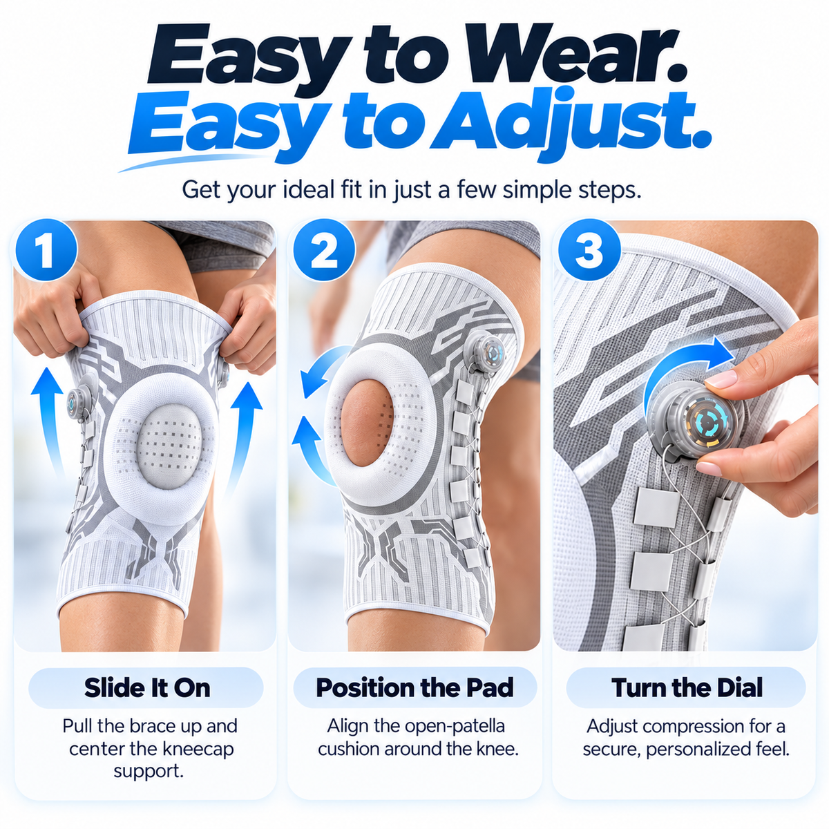 Three illustrated steps for putting on and adjusting the knee support brace