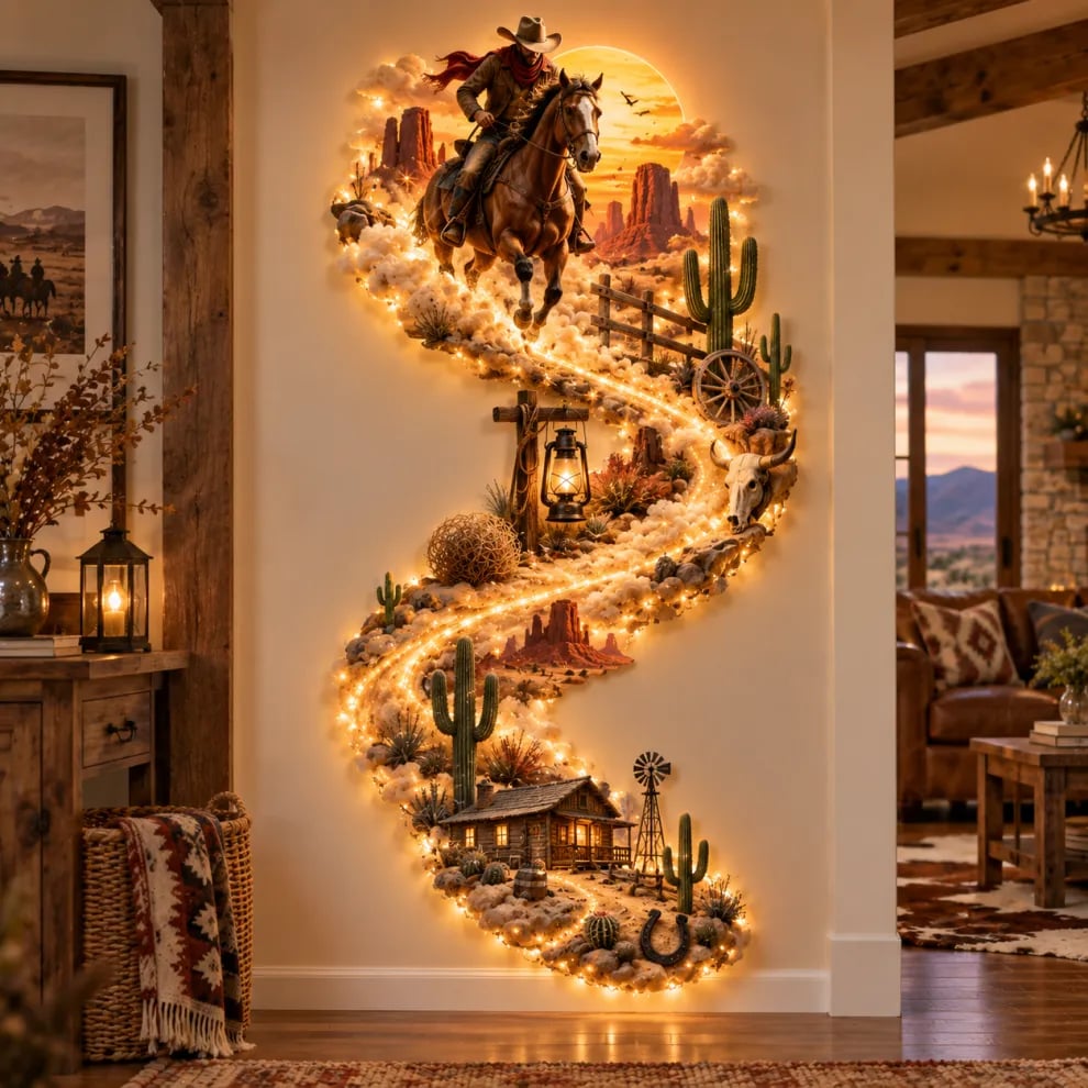 Western Cowboy LED wall decor glowing in a rustic ranch style room