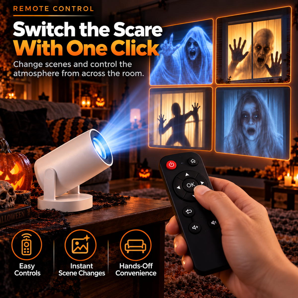 Halloween projector remote control changing haunted projection scenes