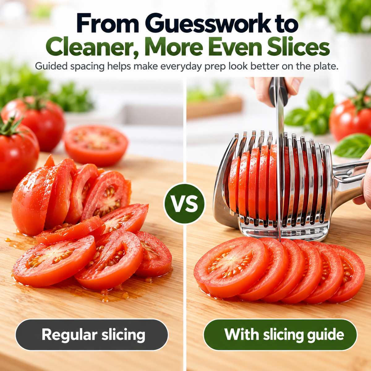 Tomato slices showing regular slicing compared with more even slices made using a slicing guide