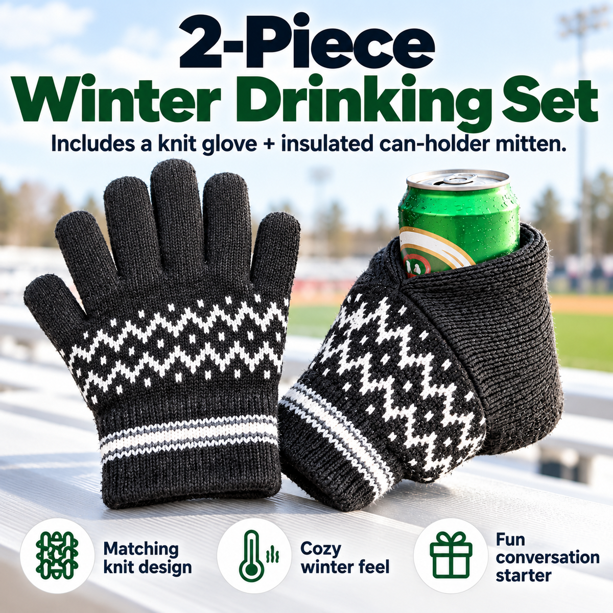 🧤 Cold Drink Warm Hand Knit Can Holder Mitt Set – Winter Tailgate Glove