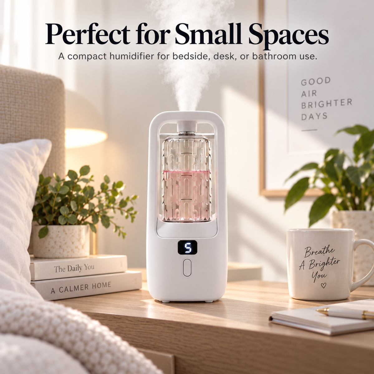 Compact mist diffuser on a bedside table