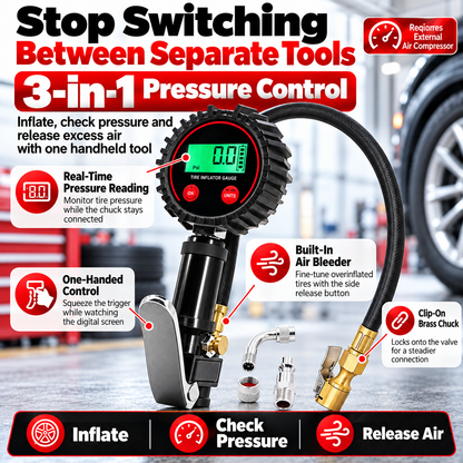 🚗 200 PSI Digital Tire Inflator Gauge – 3-in-1 Air Chuck, Pressure Gauge & Bleeder