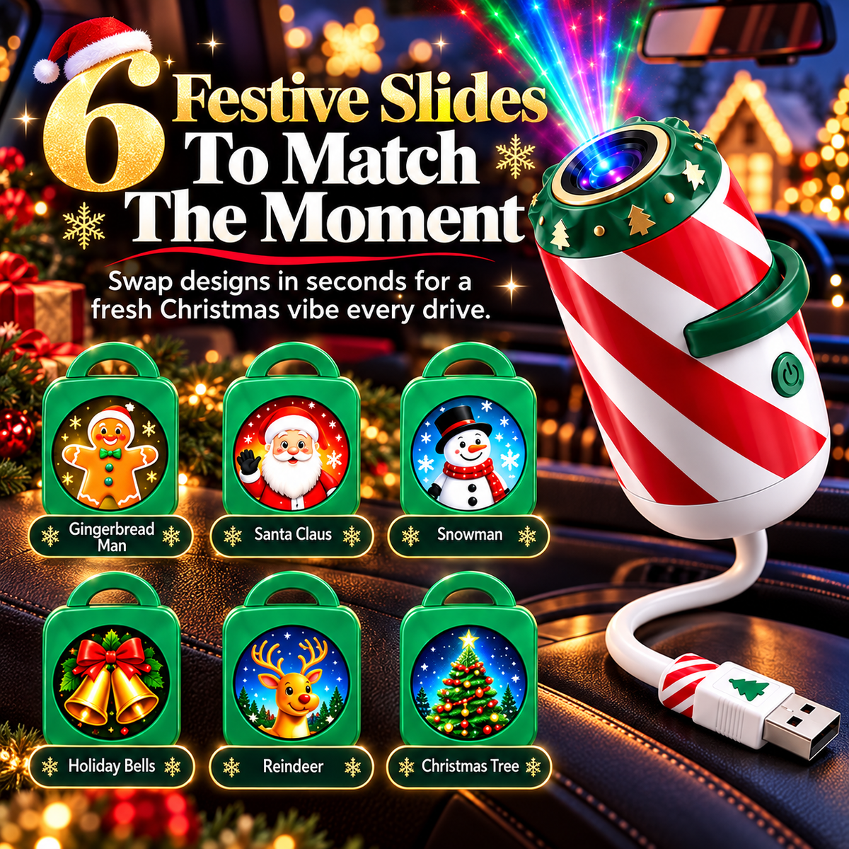 Six interchangeable Christmas projector slides including Santa snowman reindeer bells gingerbread and Christmas tree