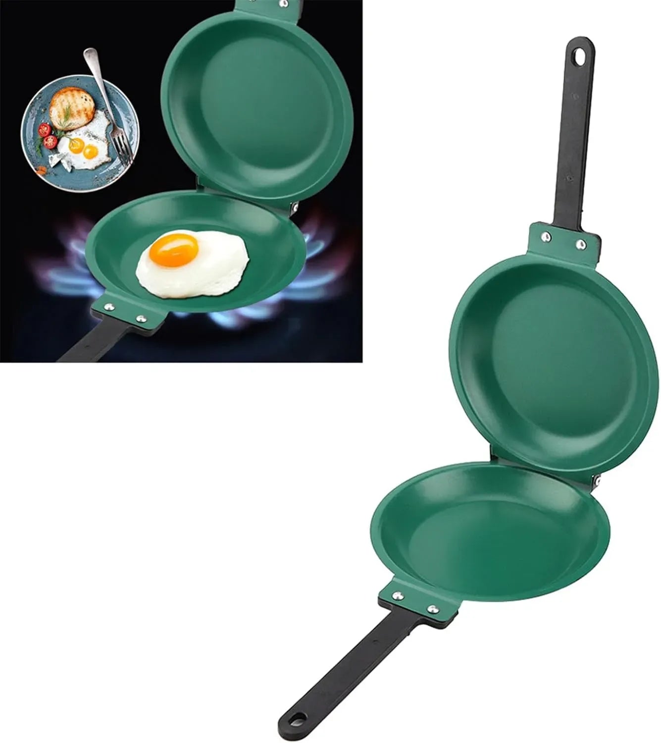 Open double-sided pan with gas stove cooking example