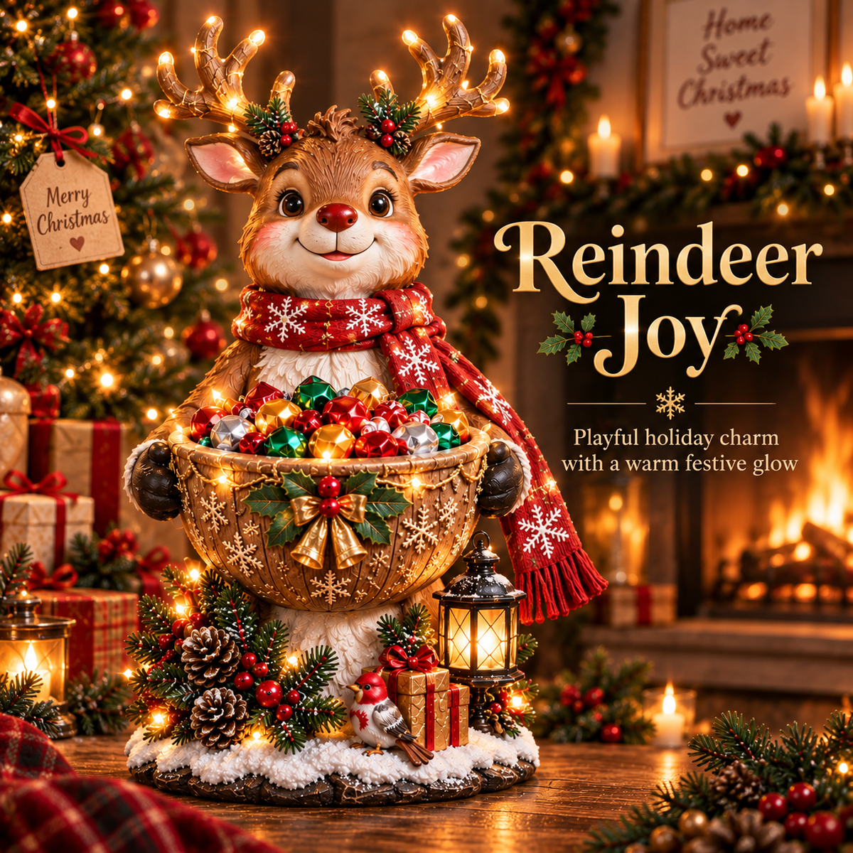 Reindeer Joy lighted Christmas candy bowl
